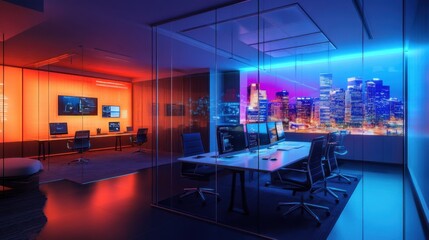 Poster - Modern Creative Office Interior with Colorful Night City View