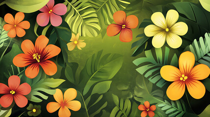 A lively wallpaper depicting tropical cartoon blossoms in a jungle environment 