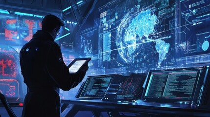 Poster - Futuristic Control Room with Man Analyzing Data on Digital Screens