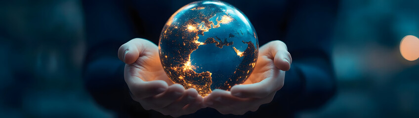 Poster - person holding a globe filled with glowing ideas, representing global creativity in business, world 