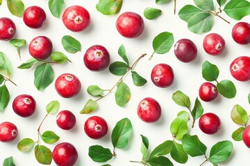 Wall Mural - Eat A Cranberry Day Pattern Bright Red Cranberries and Green Leaves for Fall