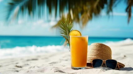 Wall Mural - a refreshing tropical drink sits on a sandy beach, accompanied by sunglasses and a straw hat, with a