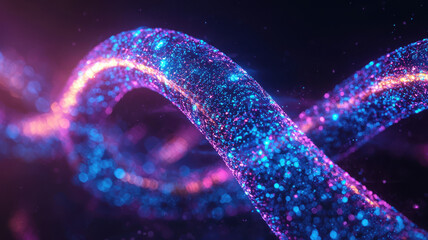 Poster - glowing, vibrant chromosome structure with sparkling blue and pink hues, set against dark background, creating mesmerizing and futuristic visual effect