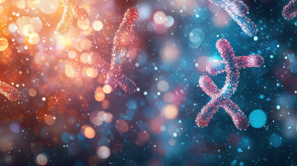 Poster - Colorful abstract illustration of chromosomes floating in vibrant, bokeh filled background, creating dynamic and energetic visual effect
