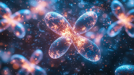 Poster - vibrant artistic depiction of chromosomes surrounded by abstract glowing particles, showcasing dynamic and colorful representation of genetic material in cosmic setting