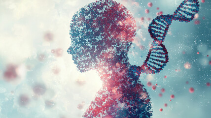 Poster - silhouette of human figure filled with colorful particles and DNA strands, symbolizing connection between humanity and genetics in dreamy, ethereal atmosphere