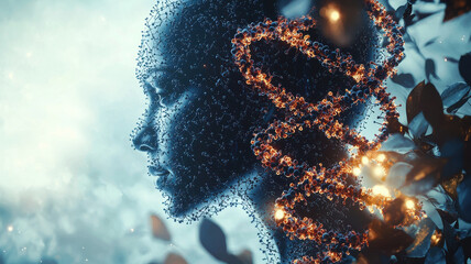 Poster - digital artwork of human silhouette intertwined with glowing DNA strands, symbolizing connection between humanity and genetics in futuristic setting