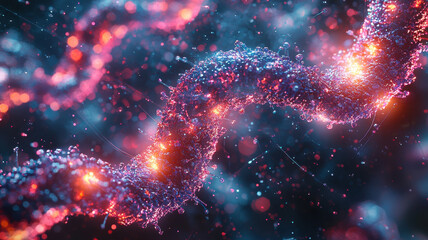 Poster - Glowing chromosome structures with neon overlays create vibrant and dynamic visual effect, highlighting intricate details of genetic material in colorful and abstract manner