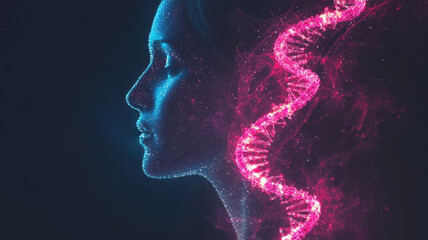 Poster - digital illustration of woman profile with glowing DNA strand, symbolizing connection between humanity and genetics. vibrant colors create futuristic and scientific atmosphere