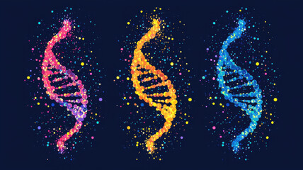 Poster - Colorful DNA strands composed of vibrant particles on dark background, symbolizing genetic diversity and scientific exploration. dynamic design evokes sense of innovation and discovery