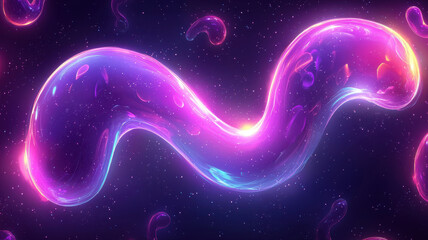 Poster - glowing, futuristic illustration of vibrant, neon chromosome floating in cosmic space, surrounded by smaller glowing particles, creating mesmerizing and otherworldly atmosphere