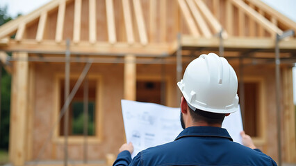 Wall Mural - construction site, house frame, wooden beams