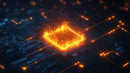 Poster - Glowing Circuit Board With Fire Sparks and Digital Connections