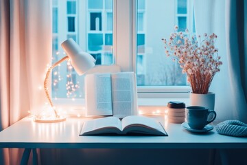Poster - Cozy Night Desk Setup with Open Book and Coffee - International Shift Worker Sunday - Ideal for Relaxation on Easter or Christmas