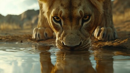 Wall Mural - Lioness drinking from a waterhole in a dry landscape, strong and graceful, intense gaze, wildlife and survival, nature's raw beauty, close-up of powerful animal