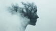 © Alexey - Double exposure silhouette merging with misty forest trees against foggy sky. Dreamy artistic concept for meditation, mindfulness and mental health with copy space