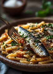 Sticker - Celebrating National Sardines Day Macro Shot of Rustic Sardine Pasta for Earth Day and World Food Day