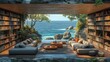 © afridwi - Modern living room with ocean view and bookshelves.