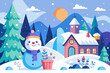 © LaVika - Winter wonderland scene with snowman and cozy cottage for holiday decoration and design