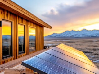 net zero offsets technology concept. A modern wooden house with solar panels, set against a stunning sunset backdrop and mountains, highlighting sustainable living.