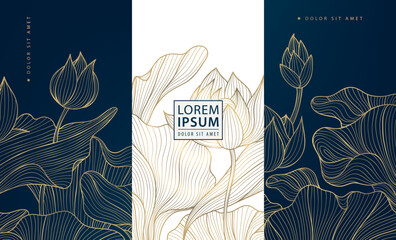 vector set of lotus flower golden art deco patterns, floral line package labels. perfume, beauty pro