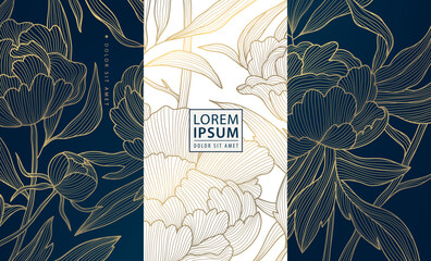 vector set of peony flower golden art deco patterns, floral line package labels. perfume, beauty pro