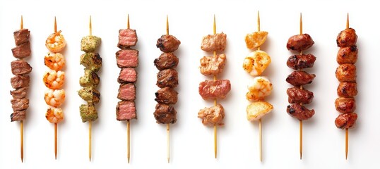 Sticker - Assorted grilled skewers of meat, seafood, and vegetables on a white background.