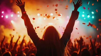 A joyful music fan with arms raised, surrounded by colorful confetti in a jubilant crowd, embodying excitement and celebration at a vibrant music event.