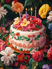 Wall Mural - Birthday Cake with Flowers and Candles