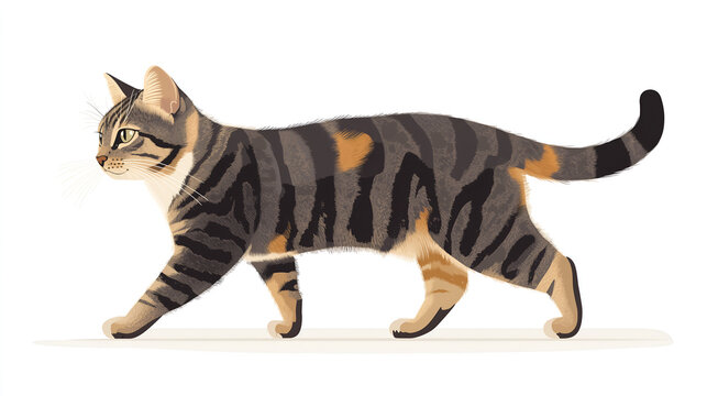 American Shorthair cat walking, a simple flat illustration in a clip art style with a white background and neutral colors.
