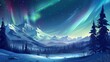 A snowy mountain landscape with a starry sky and the aurora borealis.