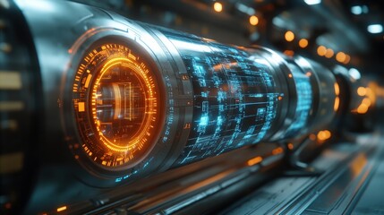 Poster - Futuristic Cybernetic Tube Displaying Advanced Technology with Neon Glows and Complex Circuitry in a Sci-Fi Environment for Innovative Design Inspiration