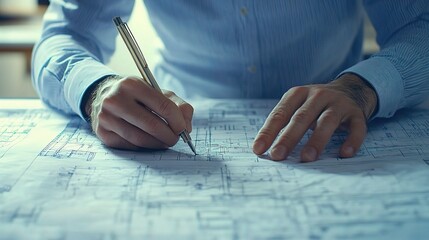 Fototapete - Detailed Hand Drawing on Blueprint Plans for Architectural Design