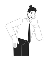 Poster - Caucasian adult office worker man rubbing chin thoughtful black and white 2D line character. Formal shirt tie employee male thinking isolated vector outline person. Monochromatic spot illustration