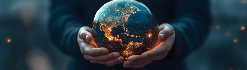 Poster - person holding a globe filled with glowing ideas, representing global creativity in business, world 