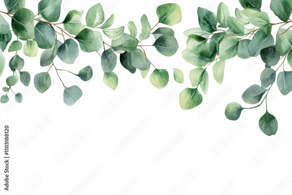 Watercolor illustration of a eucalyptus branch with green leaves ...