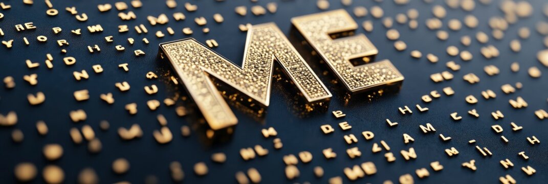 The word ME made from golden metal on a black background with many tiny letters.