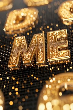 The word ME made from golden metal on a black background with many tiny letters.