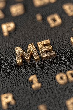 The word ME made from golden metal on a black background with many tiny letters.