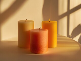 Wall Mural - Three candles of different colors are lit and placed on a table. The candles are yellow, orange, and pink. The scene is warm and inviting, with the candles casting a soft glow on the table