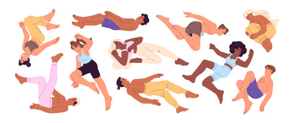 Poster - People fly in the air set. Diverse men and women flying zero gravity in different poses. Happy characters floating, soaring, free falling upside down. Flat isolated vector illustrations on white