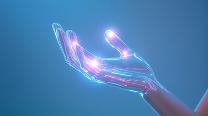 Poster - translucent hand with glowing lights against a blue backdrop during a digital art showcase