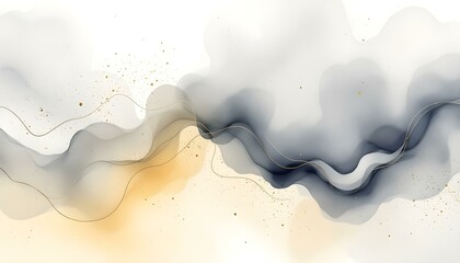 Wall Mural - Colorful blurred defocused watercolour abstract background design. Soft watercolor background in pastel yellow and pale grey, overlaid with elegant gold line art and subtle paintbrush effects
