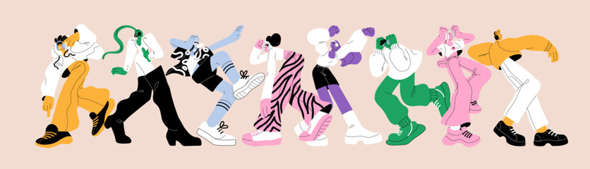 Banner with colourful happy dancers. Outline people in headphones listen to music and dance. Funny characters in earphones, headset perform, move to melody at the party. Flat vector illustration