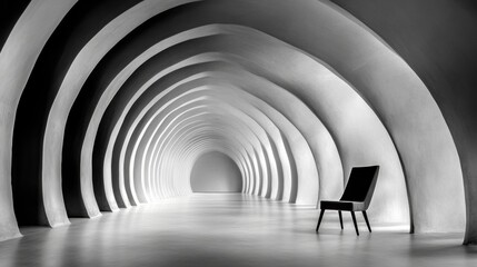 Poster - Futuristic tunnel with a solitary chair creates a sense of mystery and solitude, AI