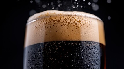 Close-up of a dark beer glass filled with rich foam and bubbles against a black background.