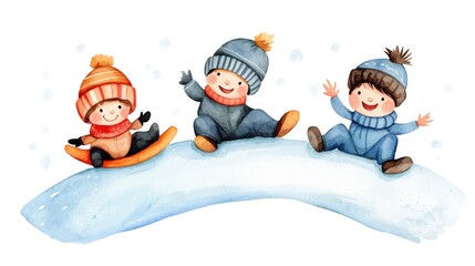 Wall Mural - Three children playing on a snowy hill in winter clothing, watercolor style on a white background, perfect for holiday cards, posters, clipart, and seasonal illustrations.