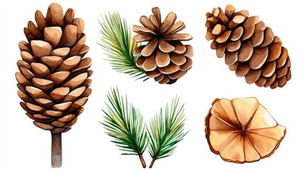 Wall Mural - Set of detailed pinecones and pine branches in watercolor style on a white background, ideal for nature-inspired holiday cards, posters, clipart, and seasonal designs..