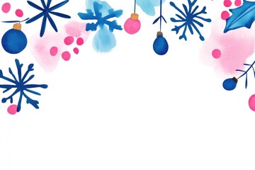 Wall Mural - Border with snowflakes, berries, and ornaments in pink and blue tones in watercolor style on a white background, ideal for holiday cards, posters, and seasonal decorations.