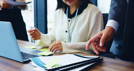 Aufkleber - Business people, hands and documents with laptop in meeting for project, corporate planning or agenda at office. Closeup, Japan or employees with paperwork for company policy or reports at workplace